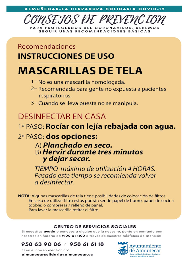 Intrucciones para desinfectar mascarillas de telas (AYTO. ALMUÑECAR) 