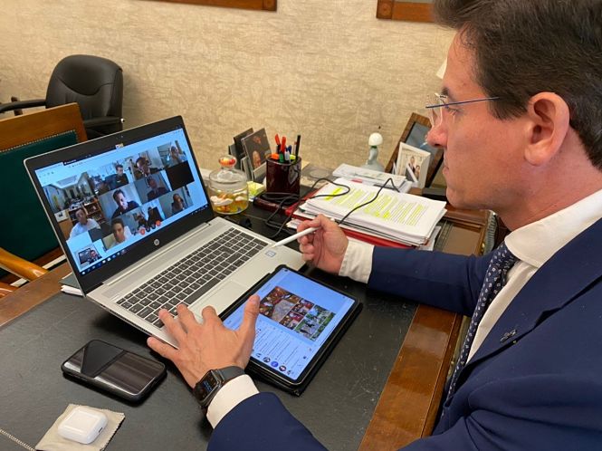    El alcalde de Granada, Luis Salvador, durante una reunión telemática (AYUNTAMIENTO)