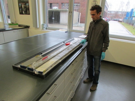 Francisco Javier Rodríguez-Tovar, catedrático del departamento de Estratigrafía y Paleontología de la UGR, señala la capa del impacto del meteorito (UGR) 