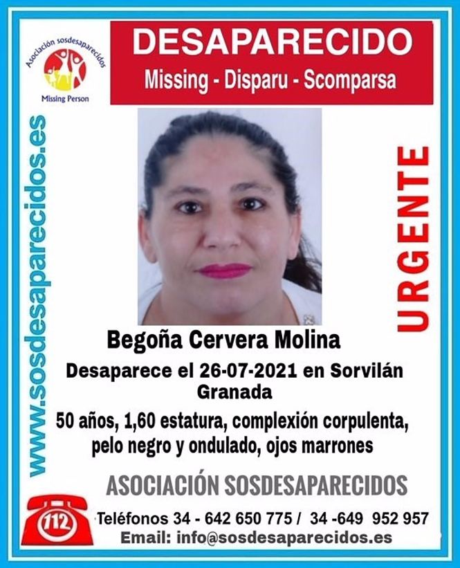 Cartel alertando de la desaparición de Begoña Cervera (SOS DESAPARECIDOS) 