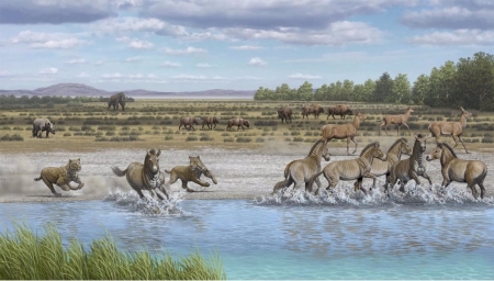 Recreación de Orce (Granada) antes de la llegada de los homínidos, hace 1,6 millones de años (MAURICIO ANTÓN) Recreación de Orce (Granada) antes de la llegada de los homínidos, hace 1,6 millones de años (MAURICIO ANTÓN)