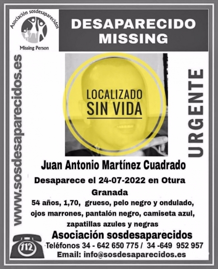 Localizado el cuerpo sin vida del desparecido en Otura desde el pasado 24 de julio (SOS DESAPARECIDOS)