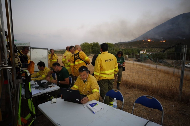 Efectivos de bomberos en el fuego producido en el término municipal de Pinos Puente (Granada), en imagen de archivo (ÁLEX CÁMARA - EUROPA PRESS) 