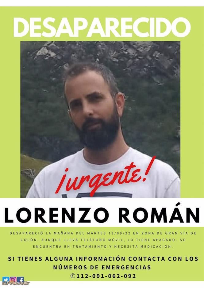 Cartel de la desaparición de Lorenzo Román (POLICÍA LOCAL)