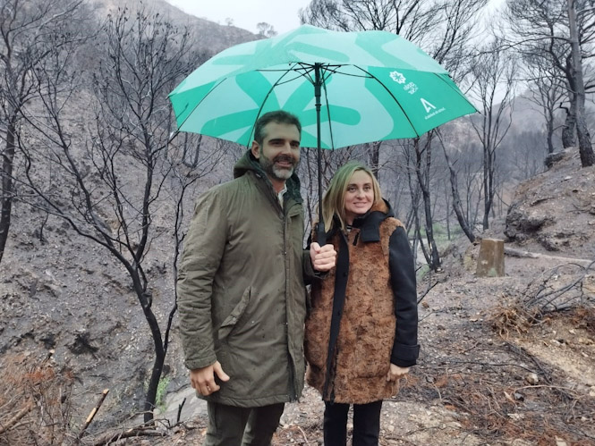 El consejero de Sostenibilidad, Medio Ambiente y Economía Azul, Ramón Fernández-Pacheco, y la consejera de Fomento, Articulación del Territorio y Vivienda, Marifrán Carazo, en la zona afectada por el incendio de Los Guájares (JUNTA)