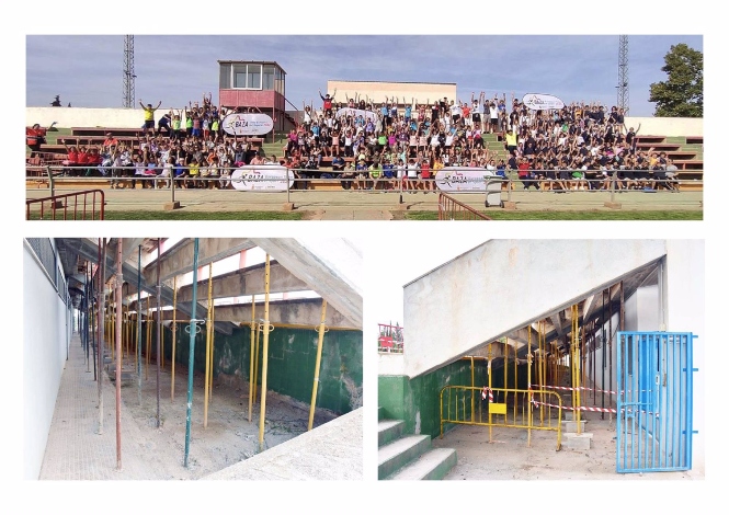 Las gradas de Baza (Granada) apuntaladas y, en la imagen de arriba, siendo usadas por escolares. - AYUNTAMIENTO DE BAZA)