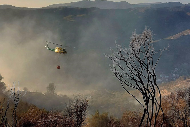Casi un centenar de efectivos continuarán las labores de extinción en Pinos Genil durante la noche (INFOCA)