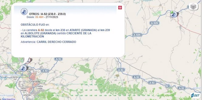 Cortado un carril de la A-92 a la altura de Atarfe por el incendio de un camión (DGT)