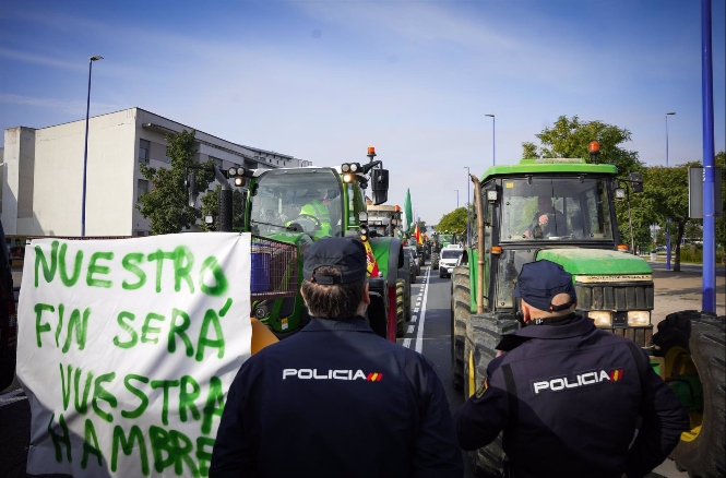Tractorada de protesta en la calle Virgen del Patrocinio, una de las entradas a Sevilla, el pasado martes (MARÍA JOSÉ LÓPEZ - EUROPA PRESS) 