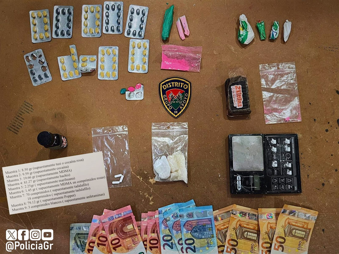 Drogas y dinero incautado a un detenido en Granada (PERFIL DE LA POLICÍA LOCAL EN LA RED SOCIAL `X`)