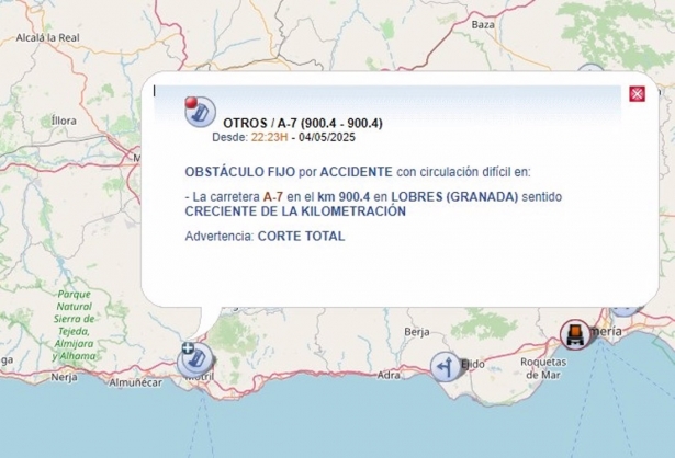 Punto del corte de la A-7 en Motril (Granada) por el vuelco y posterior incendio de un camión (DGT)