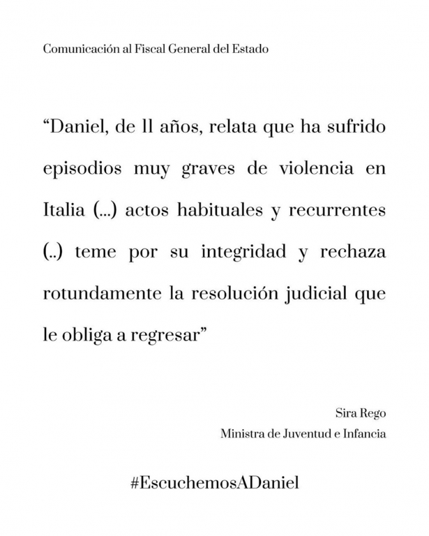 Comunicación de la ministra Sira Rego al Fiscal General del Estado (MINISTERIO JUVENTUD E INFANCIA) Comunicación de la ministra Sira Rego al Fiscal General del Estado (MINISTERIO JUVENTUD E INFANCIA)