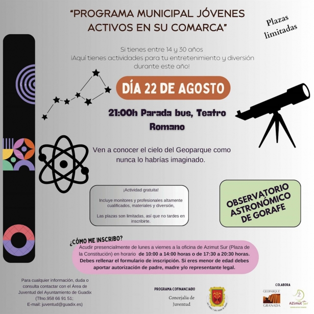 Cartel de la actividad de observación astronómica para jóvenes de Guadix (AYUNTAMIENTO GUADIX)