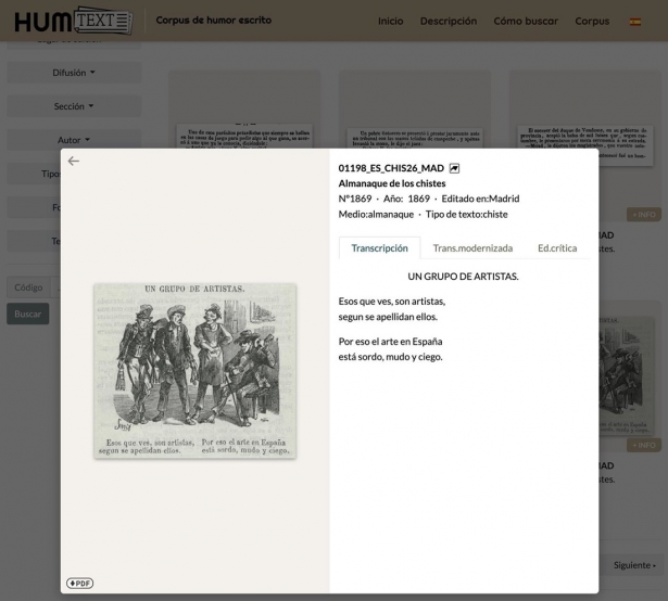 Vista ampliada con los detalles de uno de los recursos de humor escrito disponibles en la plataforma Humtext (UGR)