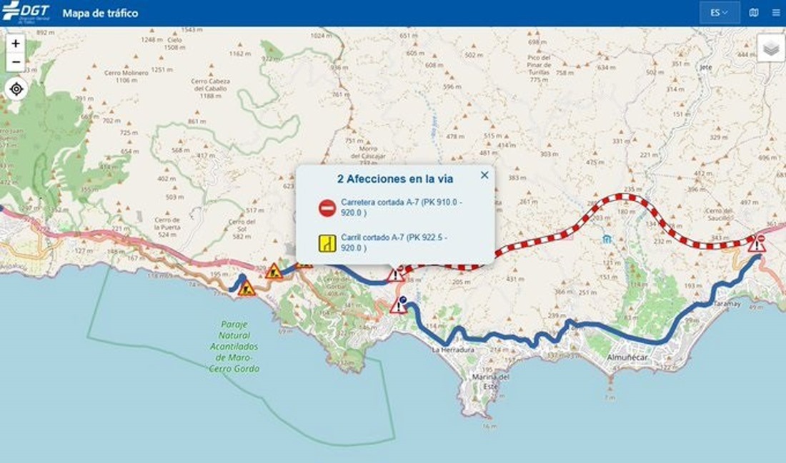 La caída de un cable de alta tensión obliga al corte de un tramo de la A-7 a la altura de Almuñécar (DGT)