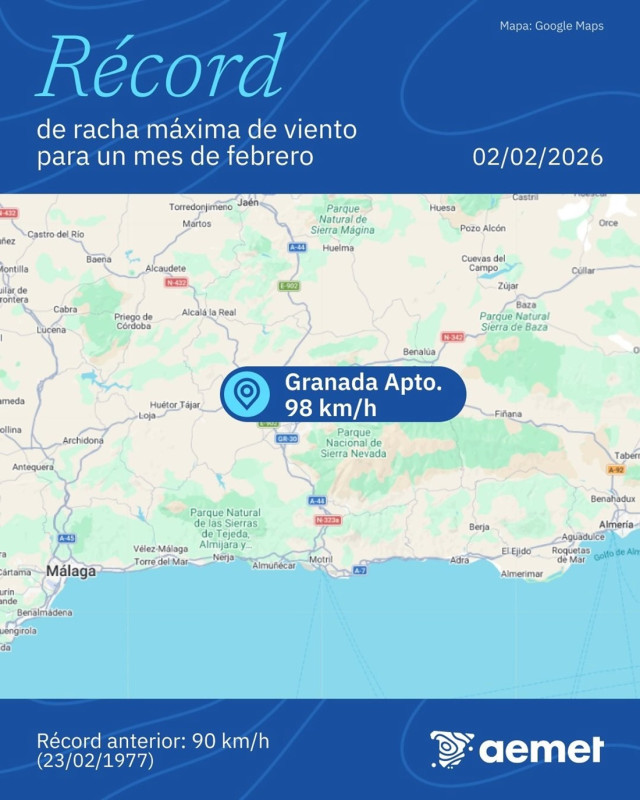 El aeropuerto de Granada bate récord en un mes de febrero con rachas de 98 kilómetros por hora. (AEMET)