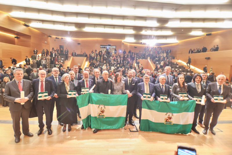 Foto de familia de los galardonados con la bandera de Andalucía (GPMEDIA)