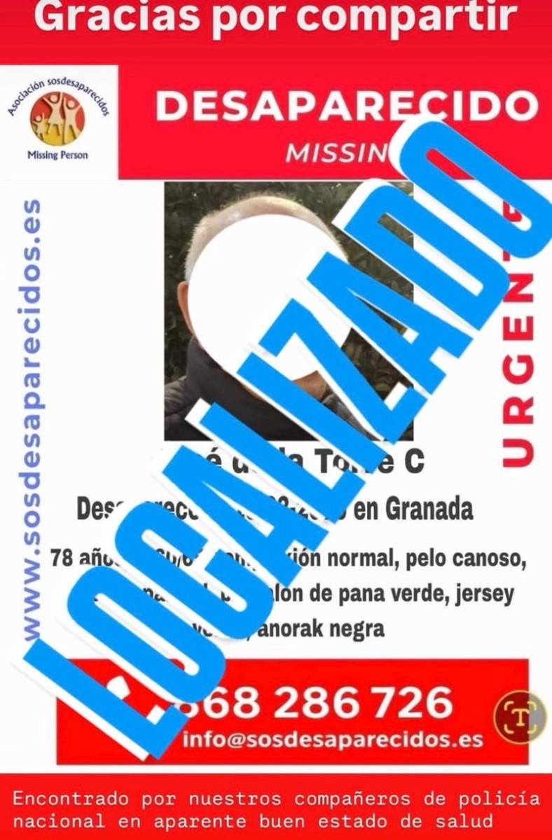 Localizado el varón de 78 años despaarecido en Granada (PERFIL EN X DE LA POLICÍA LOCAL DE GRANADA)