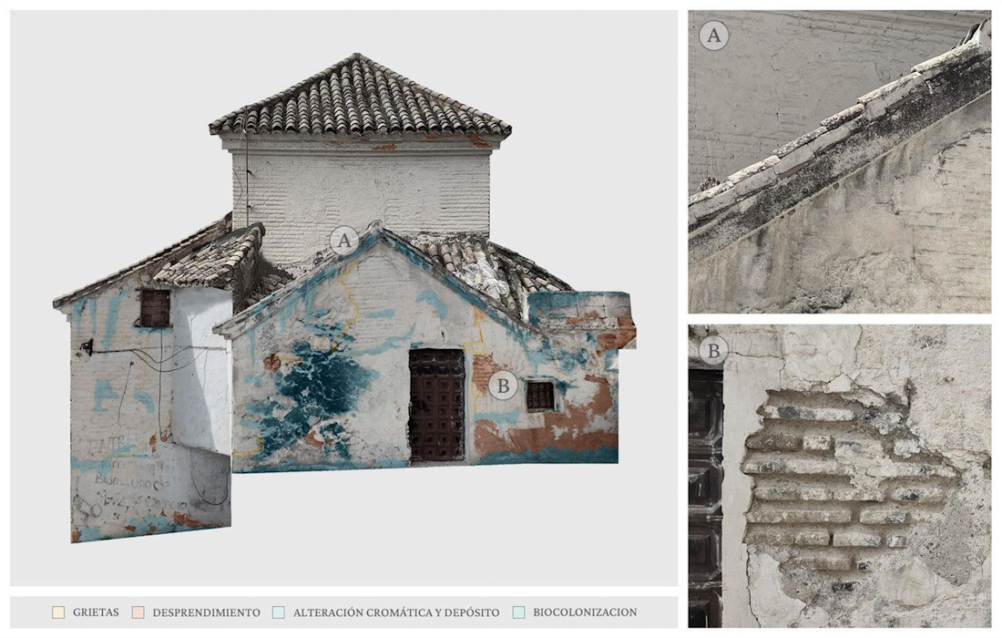 Alzado Este de la Ermita del Santo Sepulcro del Sacromonte, Granada con representación cromática de las principales patologías identificadas en el paramento (UGR)